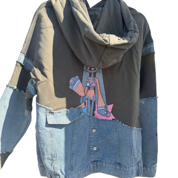 Graphic Hoodie with Denim Patchwork - Picture 2 of 5